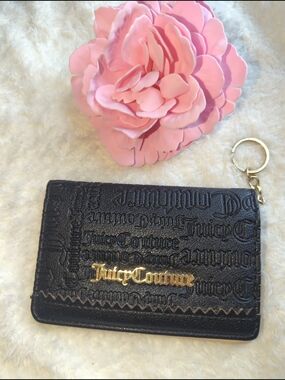 Juicy Couture Black Embossed Card Case with Key Ring Logo Wallet